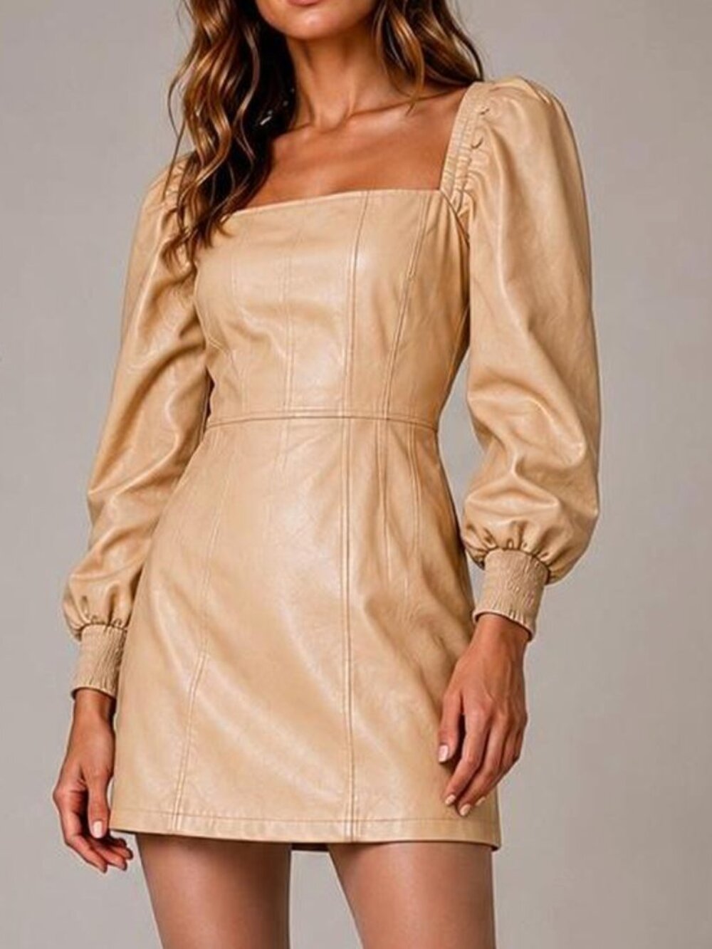 7 For All Mankind Golden Tan Faux Leather Suede Longsleeve Dress